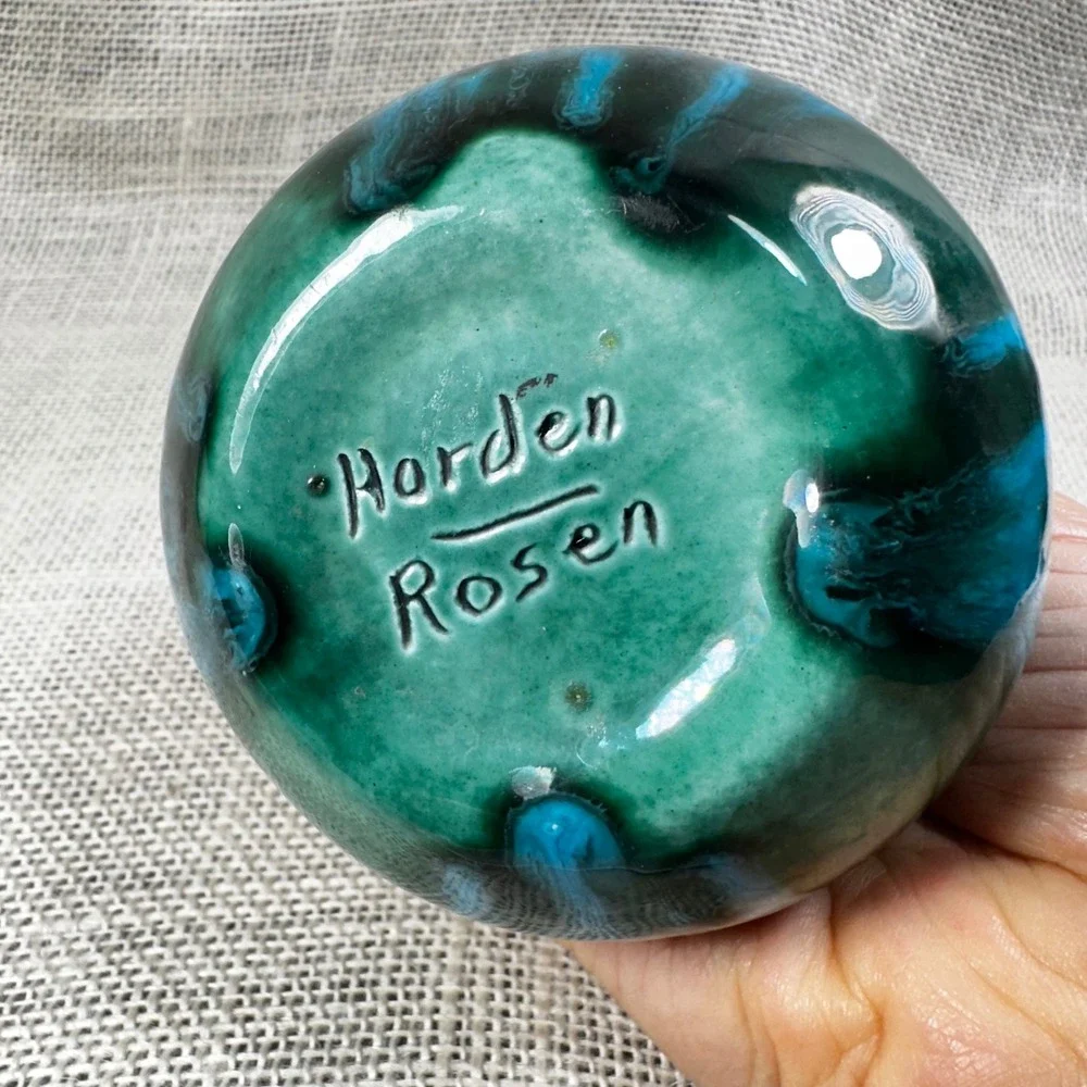 Harden Rosen Studio Pottery Bud Vase Blue Green Drip Glaze Handcrafted 5.75